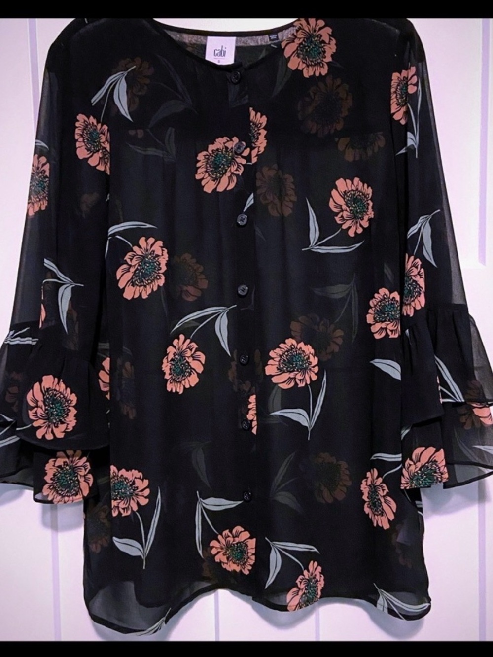 Cabi Black Button-Front Blouse with blush floral, Large.